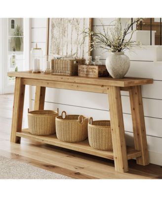 70.9" Solid Wood Console Table, 2-Tier Farmhouse Sofa Table for Entryway & Living Room, Natural