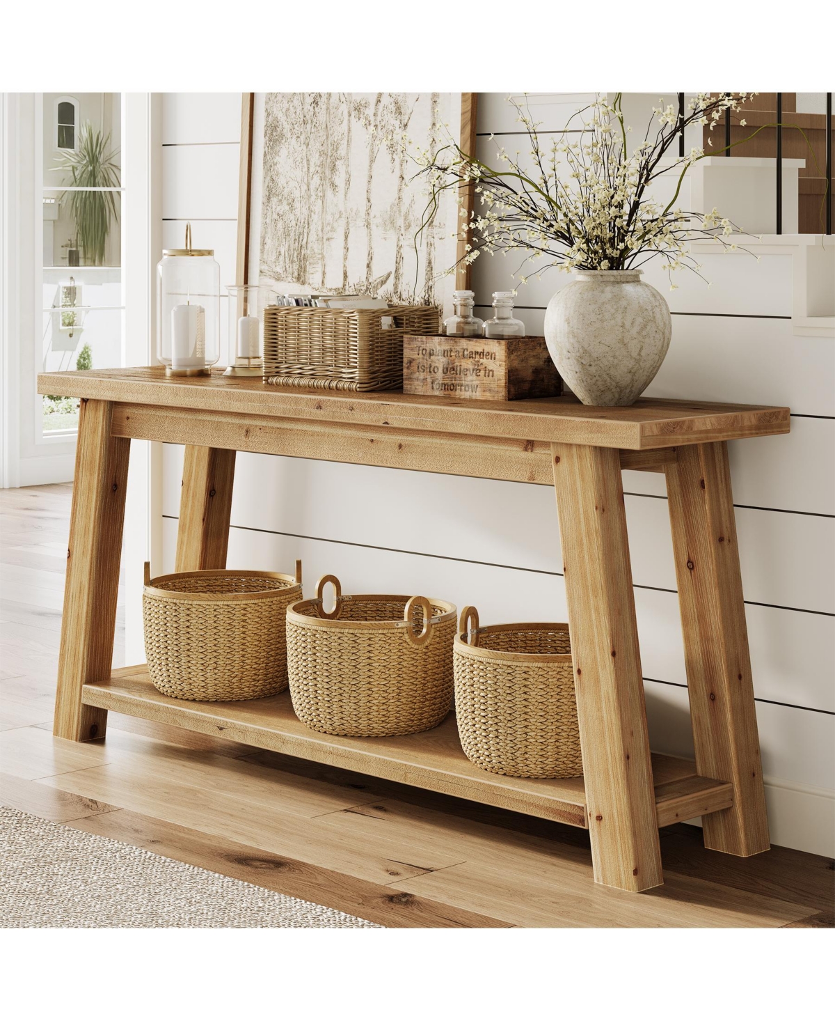 Tribesigns 70.9" Solid Wood Console Table, 2-Tier Farmhouse Sofa Table for Entryway & Living Room, Natural