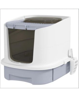 Covered Cat Litter Box in Grey and White