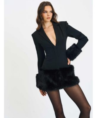 Women Wenona Black Fur Trimmed V-Neck Mini Blazer Dress