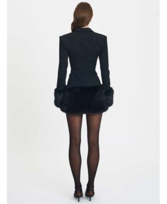 Women Wenona Black Fur Trimmed V-Neck Mini Blazer Dress