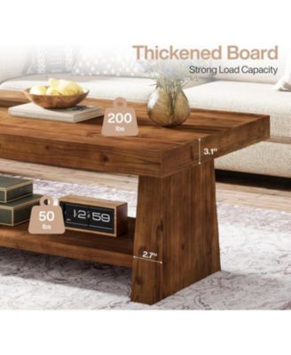 Solid Wood Coffee Table, 47-Inch Farmhouse Coffee Table with Storage, 2-Tier Rectangular Center Furniture