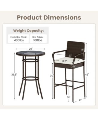 Outdoor Rattan Bar Table Set with 2 Cushioned Chairs