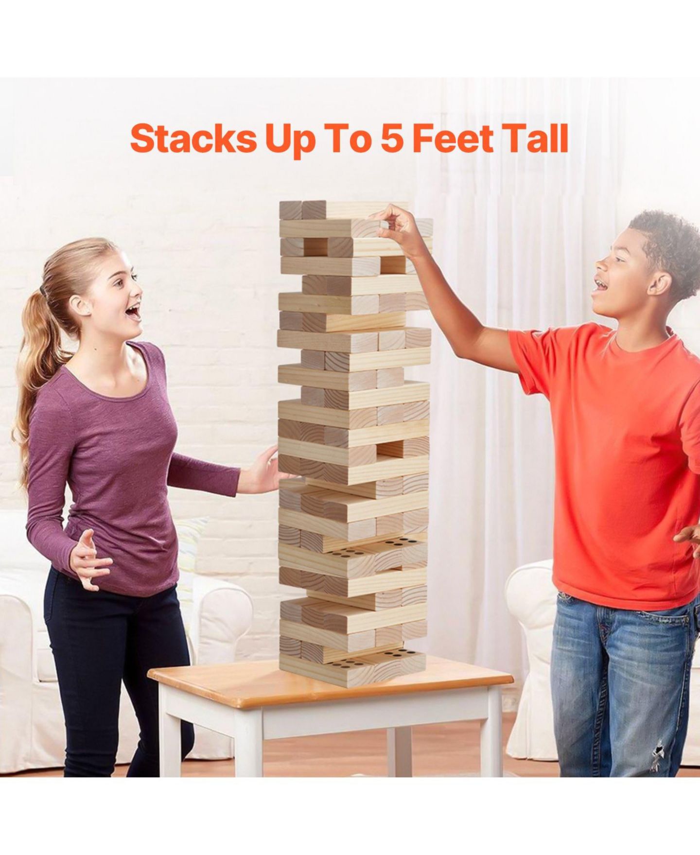Детские игрушки HONGGE Giant Wooden Tumbling Tower Game with Domino Blocks, 60 Pieces, Ages 3+, цвет: Натуральный — фото 6