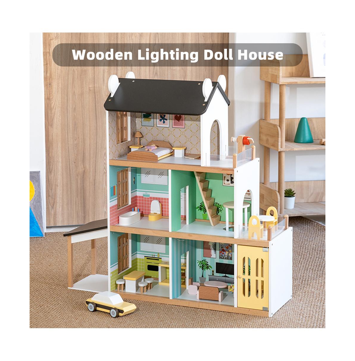 Bruce & Shark Light-Up Dollhouse for Girls, 3-Story Wooden House with Balcony & Furniture