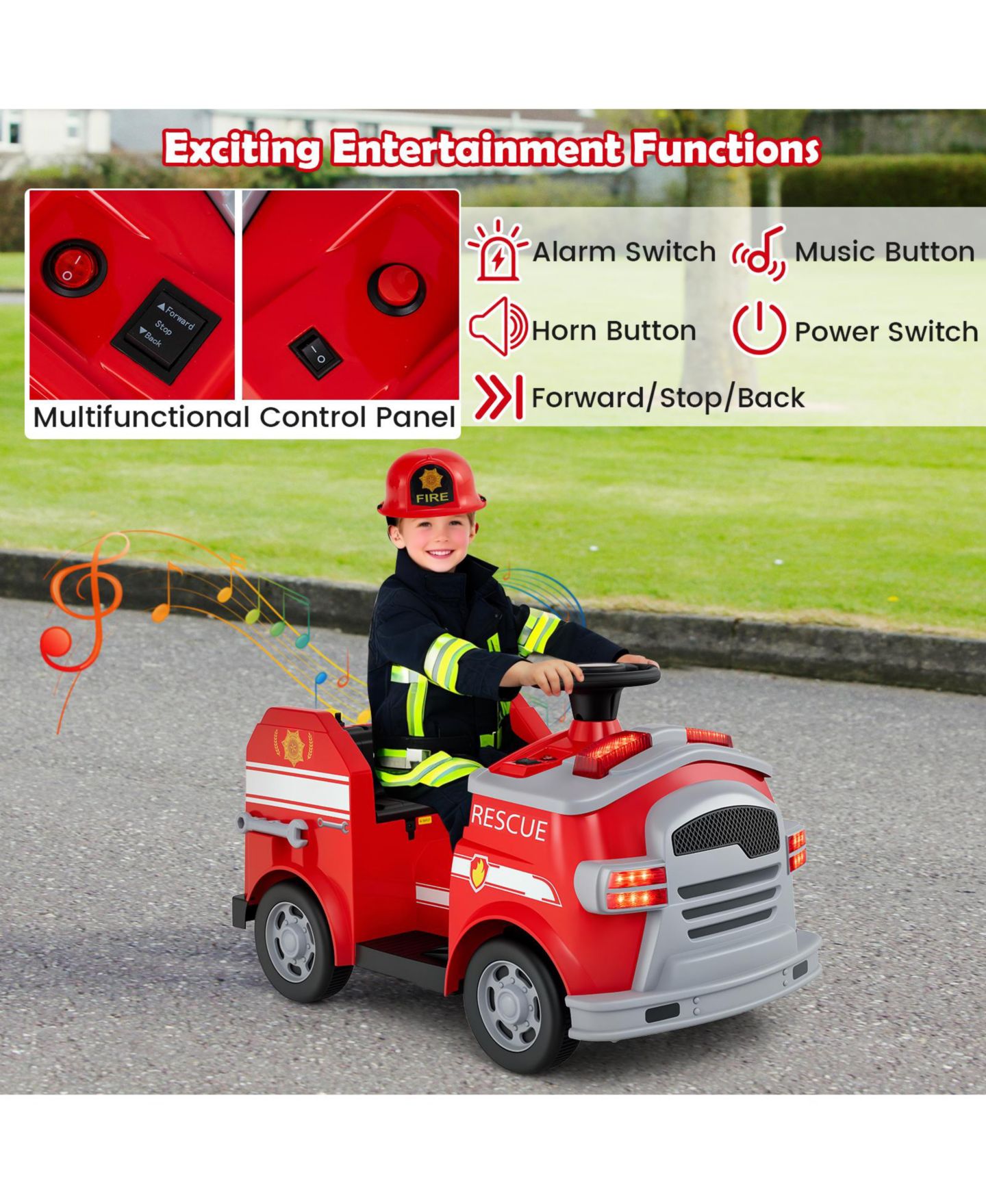 Детская игрушка HONGGE Electric Fire Truck Ride-On with Remote Control, 34"L x 19"W x 20.5"H, Ages 3+, цвет: Красный — фото 8