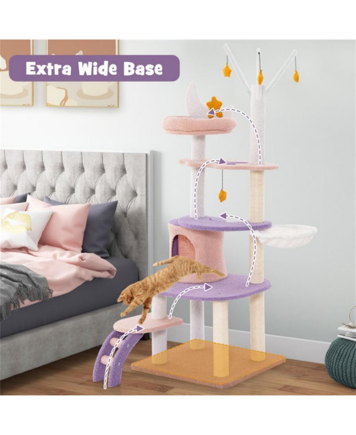 Aostirmotor 62" Tall Multi-level Cat Tower with Scratching Posts in Purplish Pink