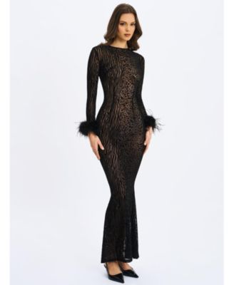 Women's Patricia Black Leopard Burnout Velvet Mesh Backless Maxi Dress