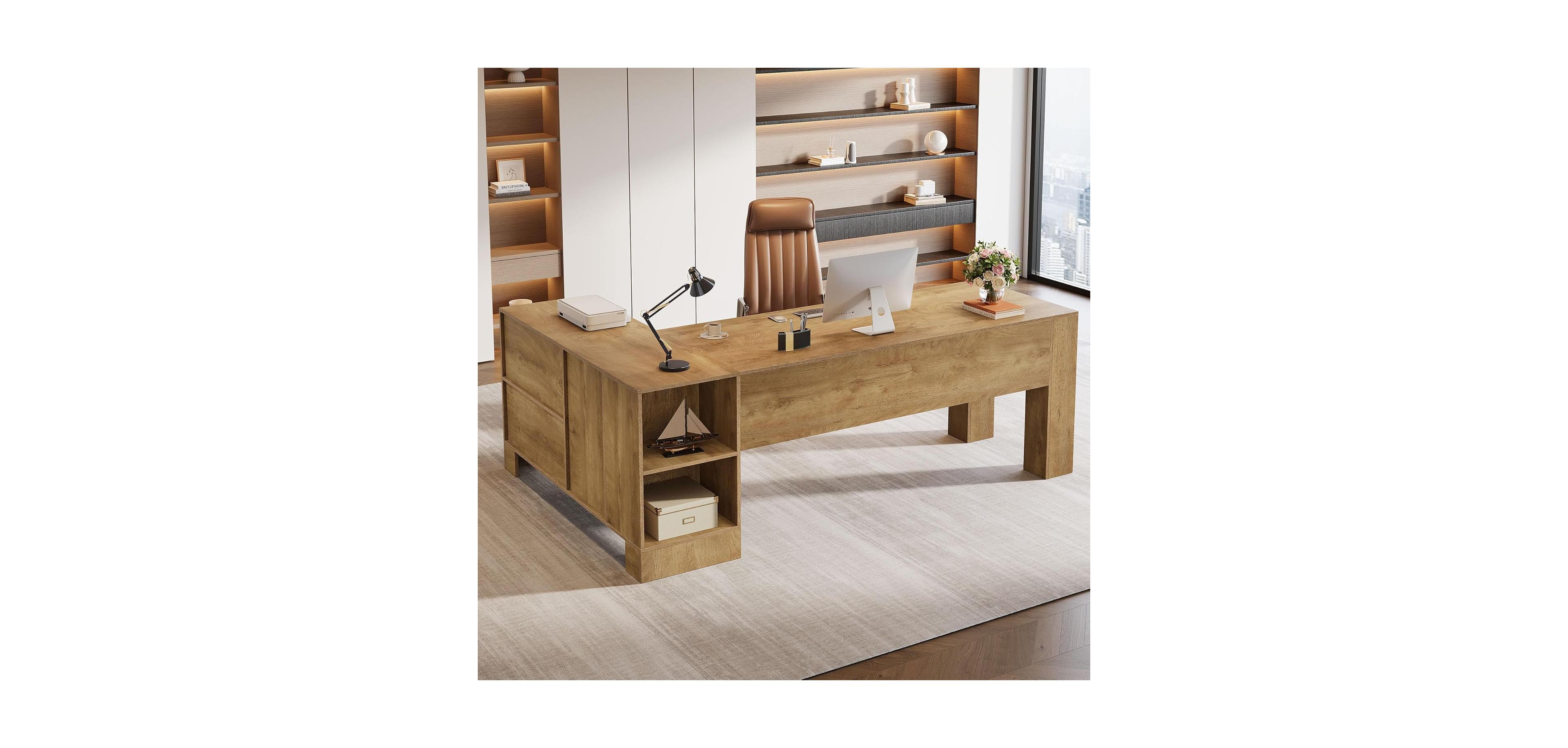 Tribesigns L-Shaped Executive Desk, 78-Inch Office Desk with Storage Cabinet and 2-Tier Shelf, Large Wooden Computer Writing Table