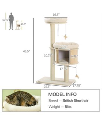 46.5" Tall 3 Level Cat Tower with Scratching Posts in Natural