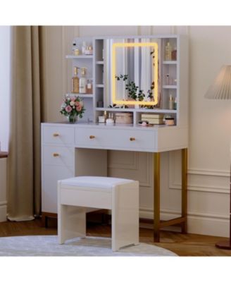 White Vanity Desk  Mirror and Lights Makeup Desk Dressing Table  for Bedrooms, Apartments, Easy to Assemble