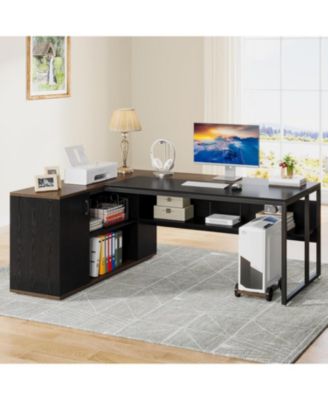 71 inch Executive Desk, L Shaped Desk with Cabinet Storage, Executive Office Desk with Shelves, Business Furniture Workstation