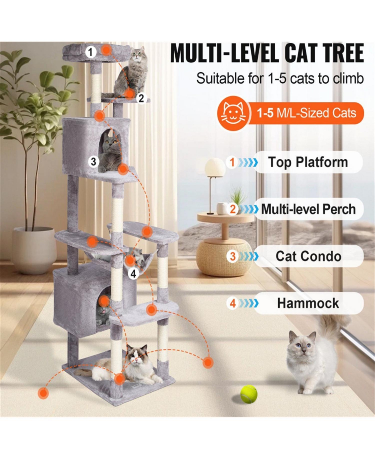 Aostirmotor 72" Cat Tower with 2 Cat Condos Scratching Post in Light Grey