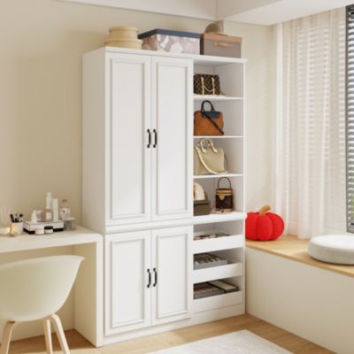 4-Door Wardrobe With Open Cubbies And Shoe Drawers, Armoire