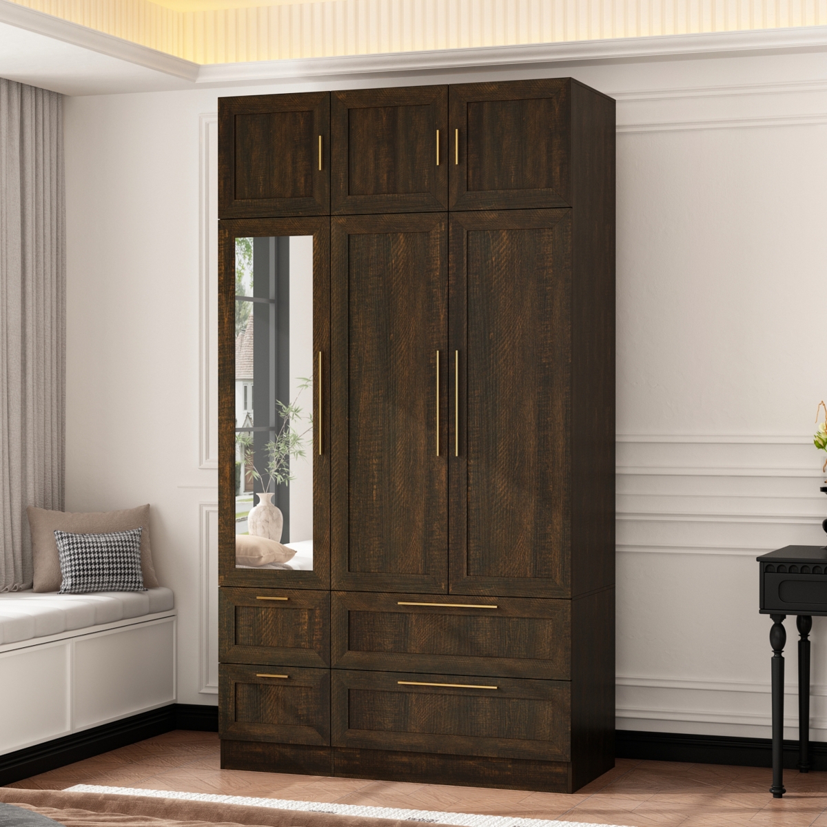 Homsee Wardrobe With Top Cabinet And Mirror，Bedroom Closet，Armoire,Brown