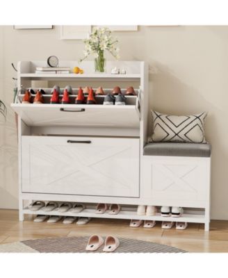 2-Drawer Flip Shoe Cabinet with Bench, Rustic Brown, Hidden Storage & Hooks for Entryway or Living Room.