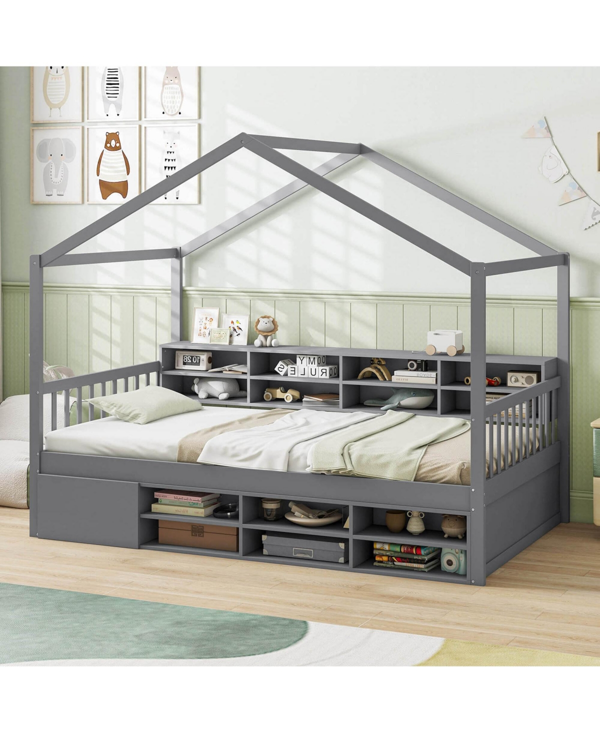 Costway Twin Size House Bed Wooden Platform Bed Frame with Roof & 14 Storage Cubes