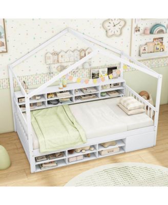 Twin Size House Bed Wooden Platform Bed Frame with Roof & 14 Storage Cubes