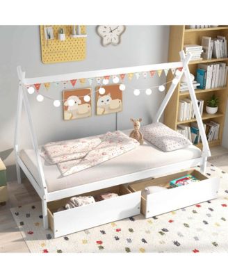 Twin Size Wooden House Bed with 2 Drawers Roof Storage for Boys & Girls