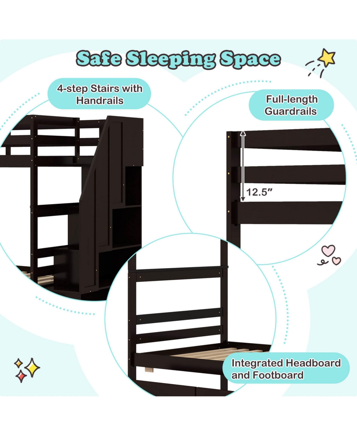Costway Twin Over Twin Bunk Bed with Storage Stairs & Drawers Full-length Guardrails