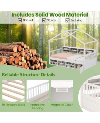 Twin Size House Bed Wooden Platform Bed Frame with Roof & 14 Storage Cubes