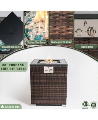 24 Inch Square Propane Fire Pit Table with Wicker Base and 50000 BTU Burner