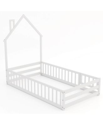 Twin Size Montessori Floor Bed for Toddler with Lockable Door Full-Length Guardrail