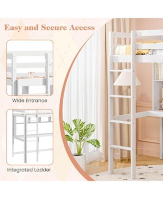 Twin Size Loft Bed with Desk & Shelves Safety Guardrails & Ladder Storage