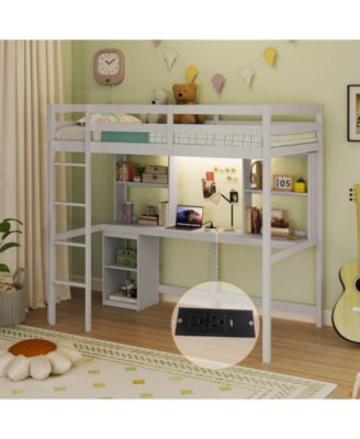 Twin Loft Bed with LED Light & Power Outlet Desk Storage Shelves & Cabinet