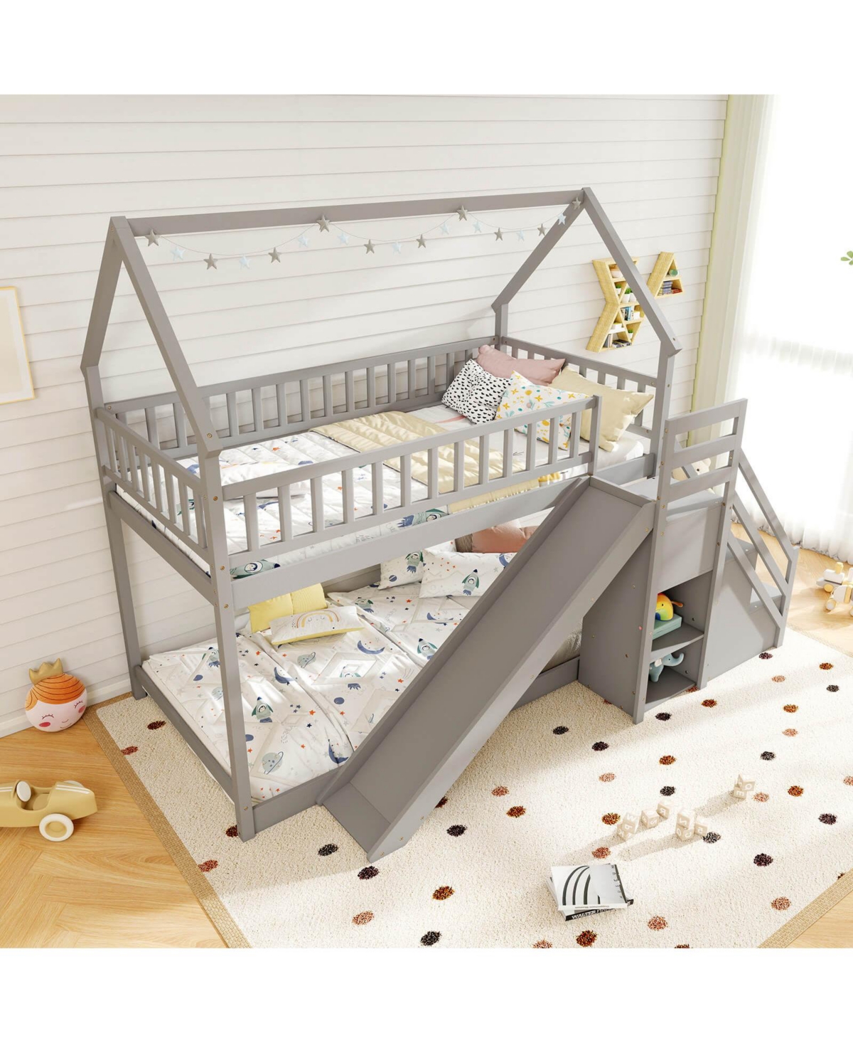 Costway Twin Over Bunk Bed with Slide & Staircase Storage Compartments