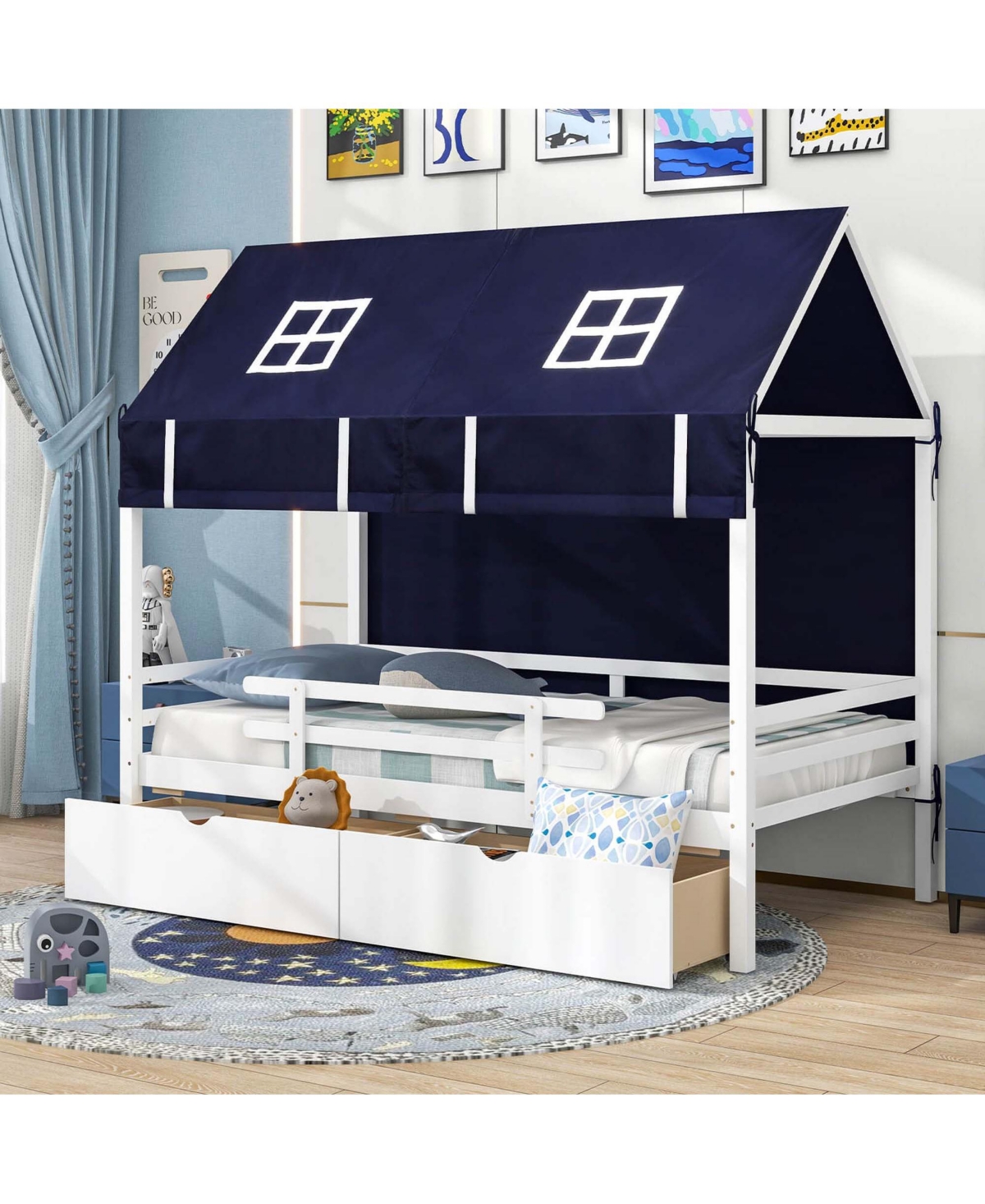 Costway Twin House Bed Solid Wood Playhouse Bed Low Loft Bed with Tent 2 Storage Drawers