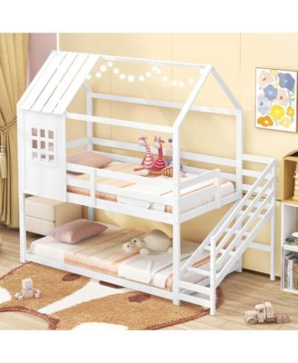 Twin House Bunk Bed with Stairs Roof Rails & Window Full-length Guardrails