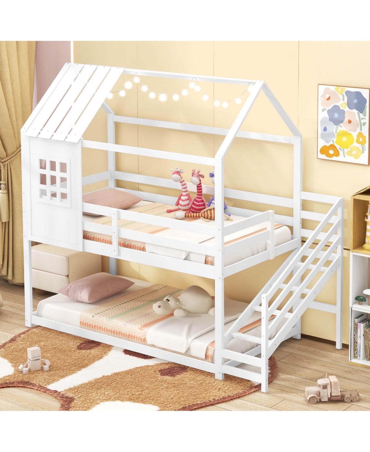 Costway Twin House Bunk Bed with Stairs Roof Rails & Window Full-length Guardrails