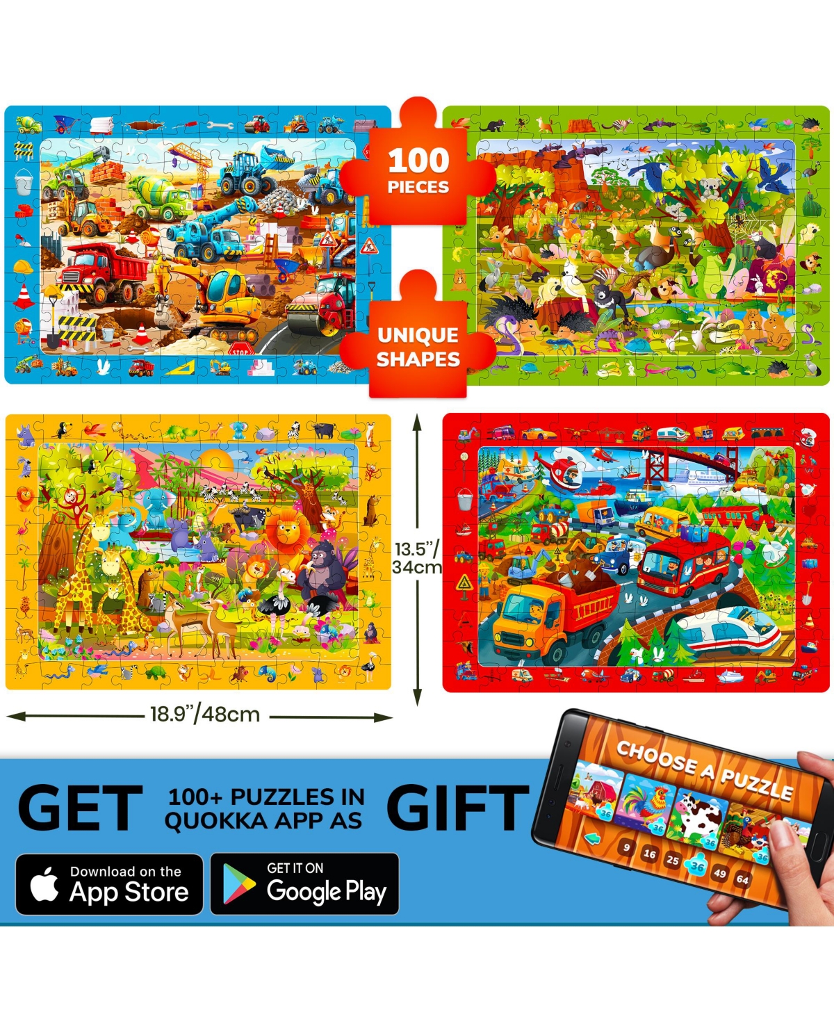 Quokka 4xSET 100 Piece Puzzles for Kids Ages 4-6 – Search and Find Artist-Crafted Illustrations