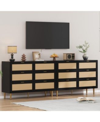 6-Drawer Rattan Dresser, Modern Chest with Gold Legs & Handles, Wide Double Storage, Bedroom, Living Room