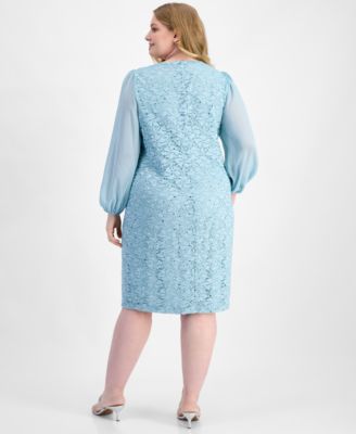 Plus Size Sequin Lace Blouson-Sleeve Sheath Dress