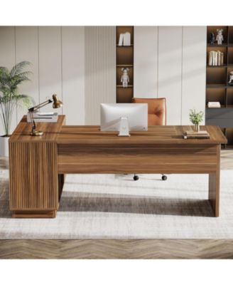 70.8-Inch Fluted Executive Desk with File Cabinet, L-Shaped Office Desk with Storage Shelves, Large Modern Computer Desk