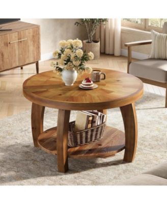 Solid Wood Round Coffee Table, 2-Tier Center Table with Storage, 31.5 Inch Wood Tabletop with Mosaic Pattern, Easy Assembly