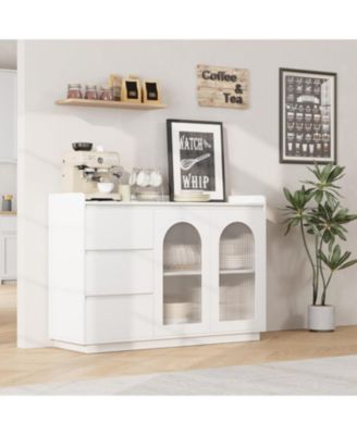 Sideboard Buffet Cabinet with Glass Door, Modern Storage Cabinet with Led Lights, 3 Drawers and Adjustable Shelves