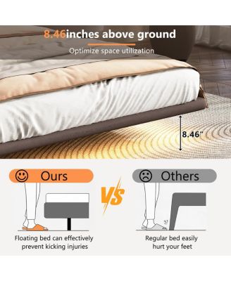 Floating Bed Frame w/LED, Modern PU Leather Platform Bed