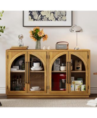 Natural Wood 4-Door Sideboard Buffet with Glass Doors & Adjustable Shelves