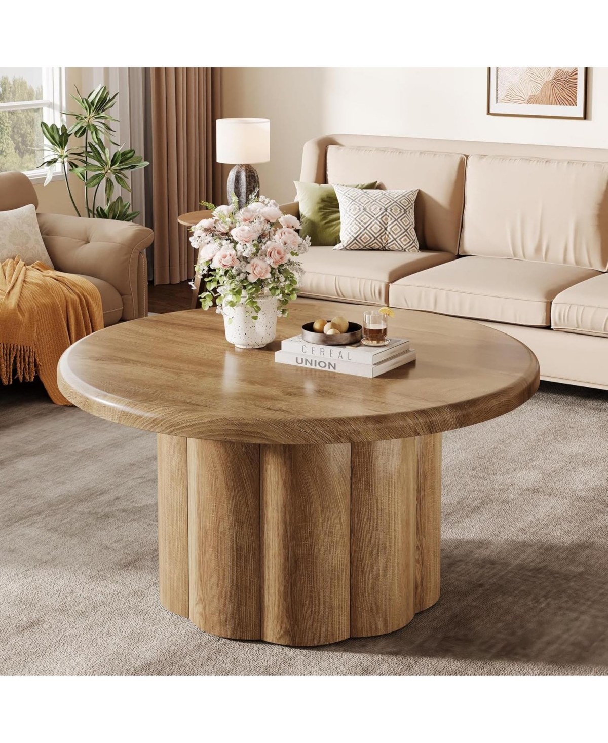 Tribesigns 31.5" Round Coffee Table for Living Room, Farmhouse Circle Center Cocktail Table with Fluted Drum Base, Wooden Living Room Furniture