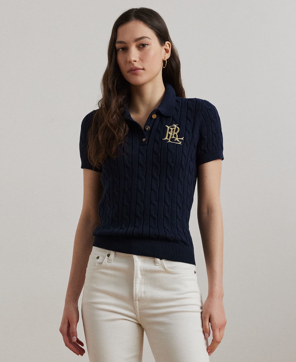 Lauren Ralph Petite Cable-Knit Polo Sweater