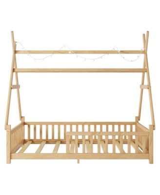 Twin House Bed with Light, Low Floor, Fence, Roof for Kids Boys Girls