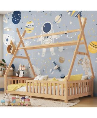 Twin House Bed with Light, Low Floor, Fence, Roof for Kids Boys Girls