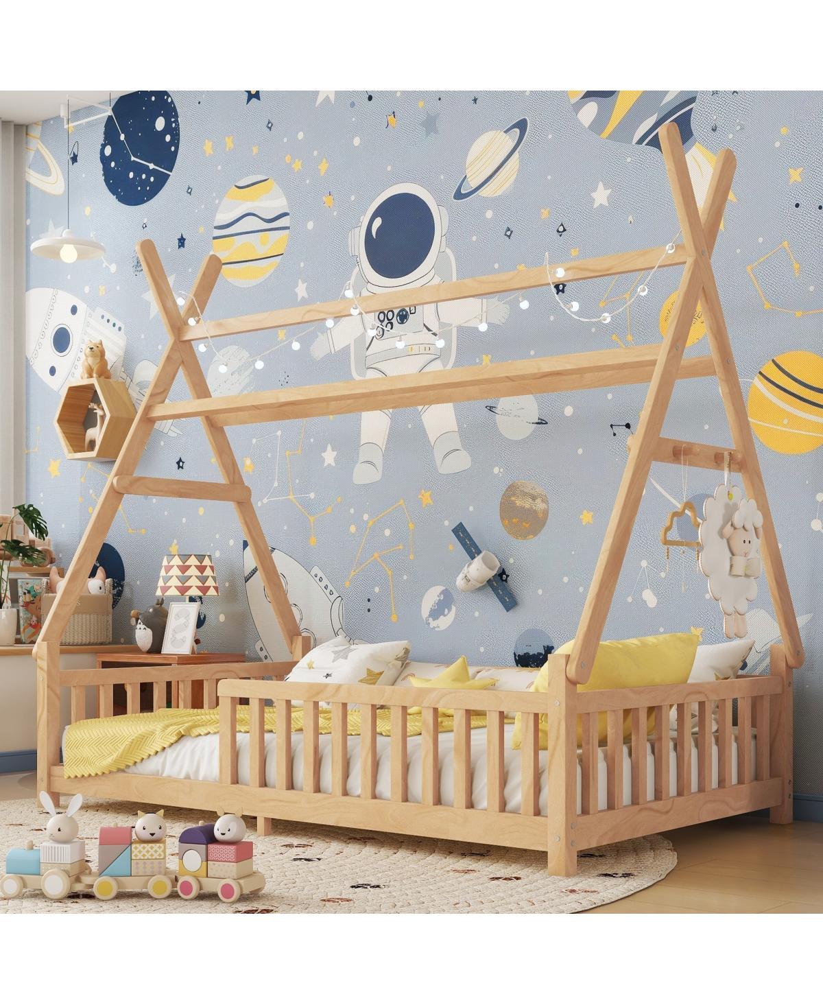 Draft - Streamdale Furniture Streamdale Twin House Bed with Light, Low Floor, Fence, Roof for Kids Boys Girls