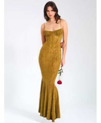 Women's Ulani Gold Burnout Velvet Detail Mesh Maxi Dress