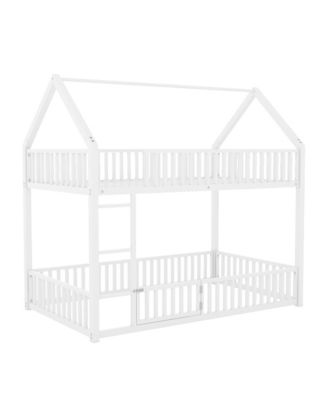 Metal Twin over Twin House Bunk Bed with Fence and Door