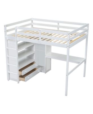 Wood Full Size Loft Bed with Built-in Wardrobe, Desk, Storage Shelves and Drawers