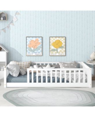 Twin Floor Bed with Fence, Rubber Wood